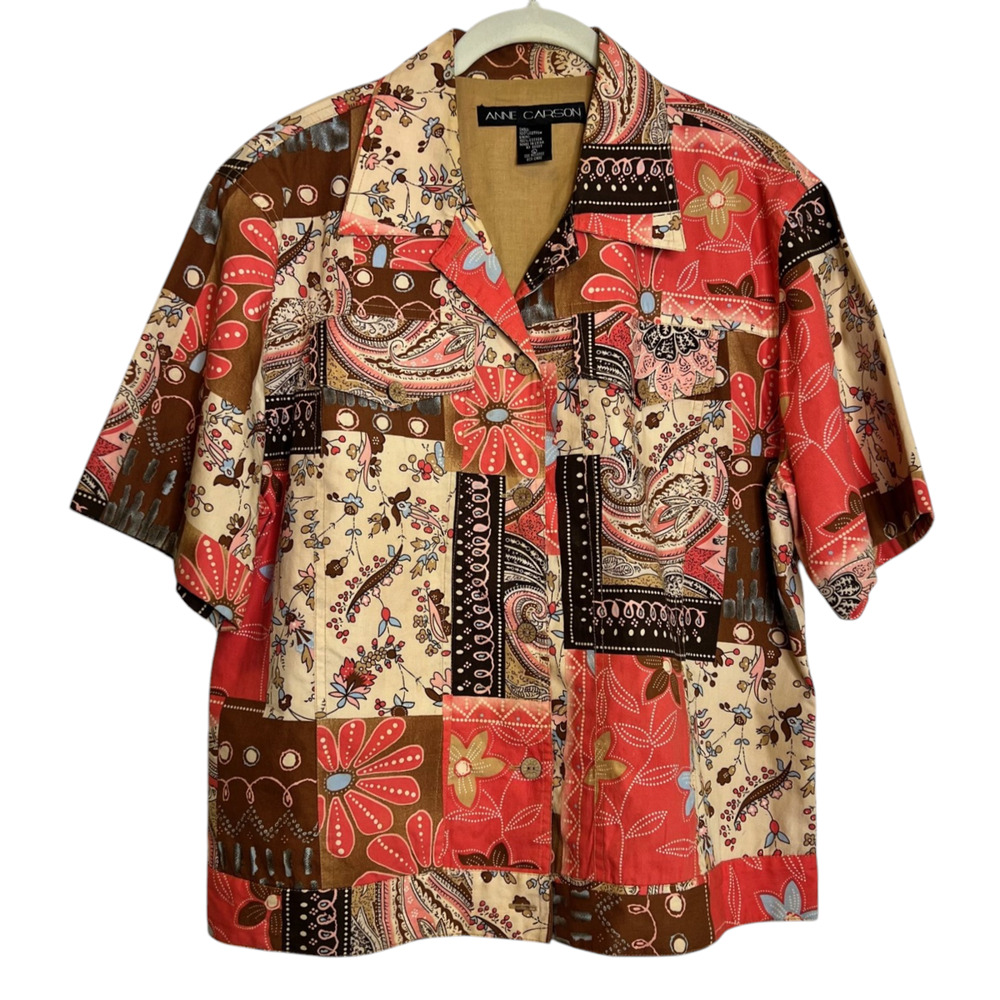 Anne Carson Womens Vintage Patchwork Blouse Size Large Pink Brown Floral Western